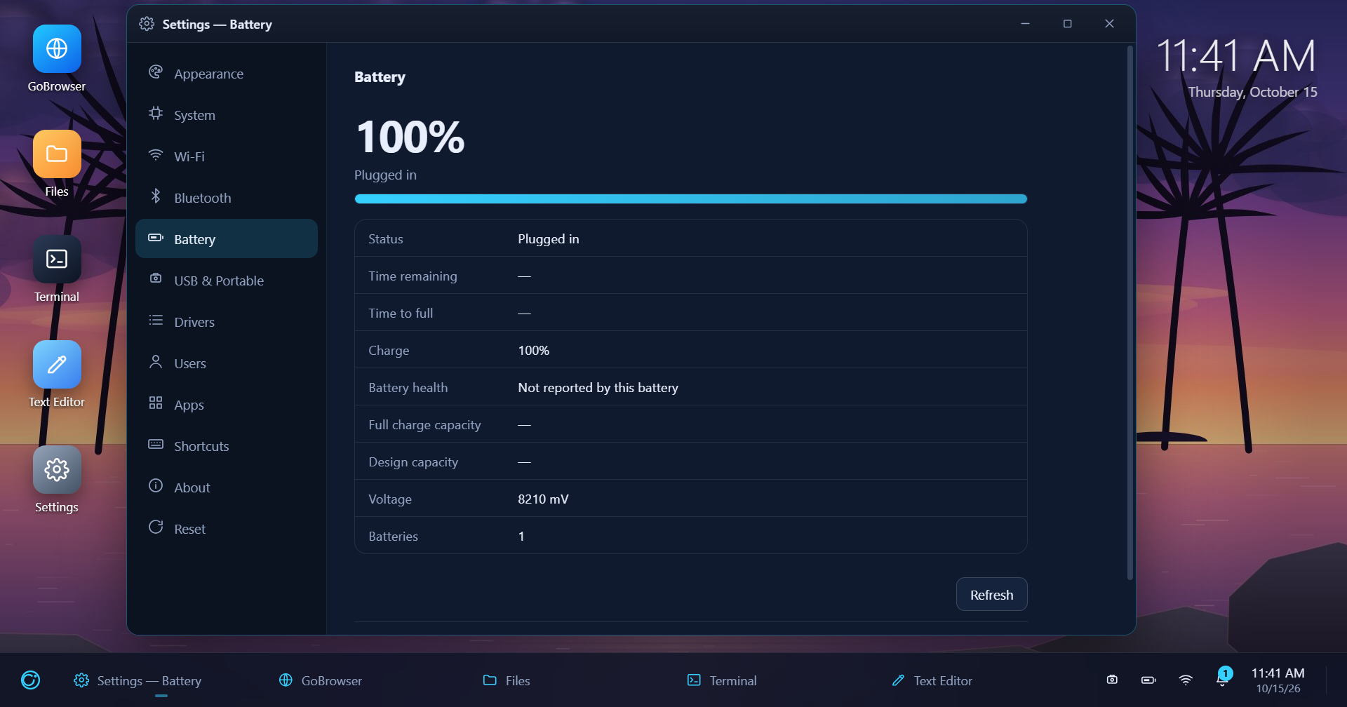 GoBrowserOS Battery settings showing charge, status, voltage and refresh