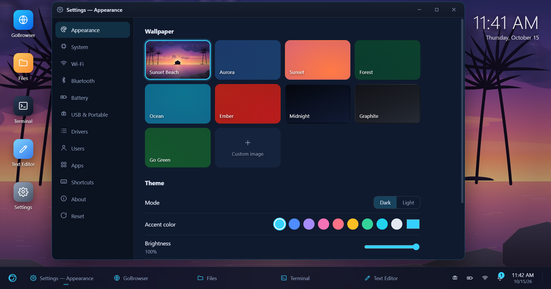 GoBrowserOS desktop with the Appearance settings open: wallpaper picker, dark mode, accent color and brightness