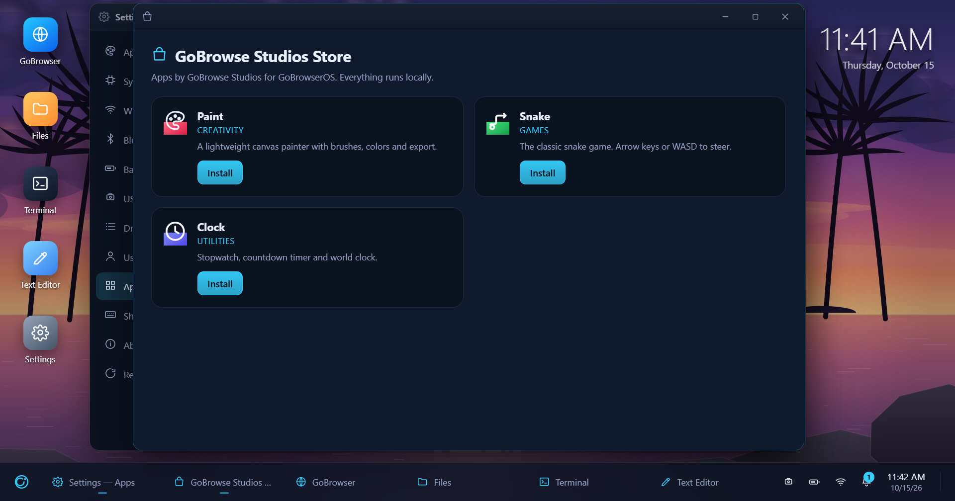 GoBrowse Studios Store installing Paint, Snake and Clock